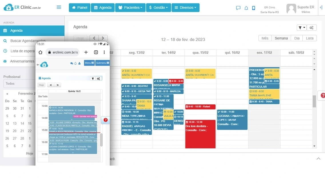 Tela real da agenda semanal da ERClinic com horários e profissionais