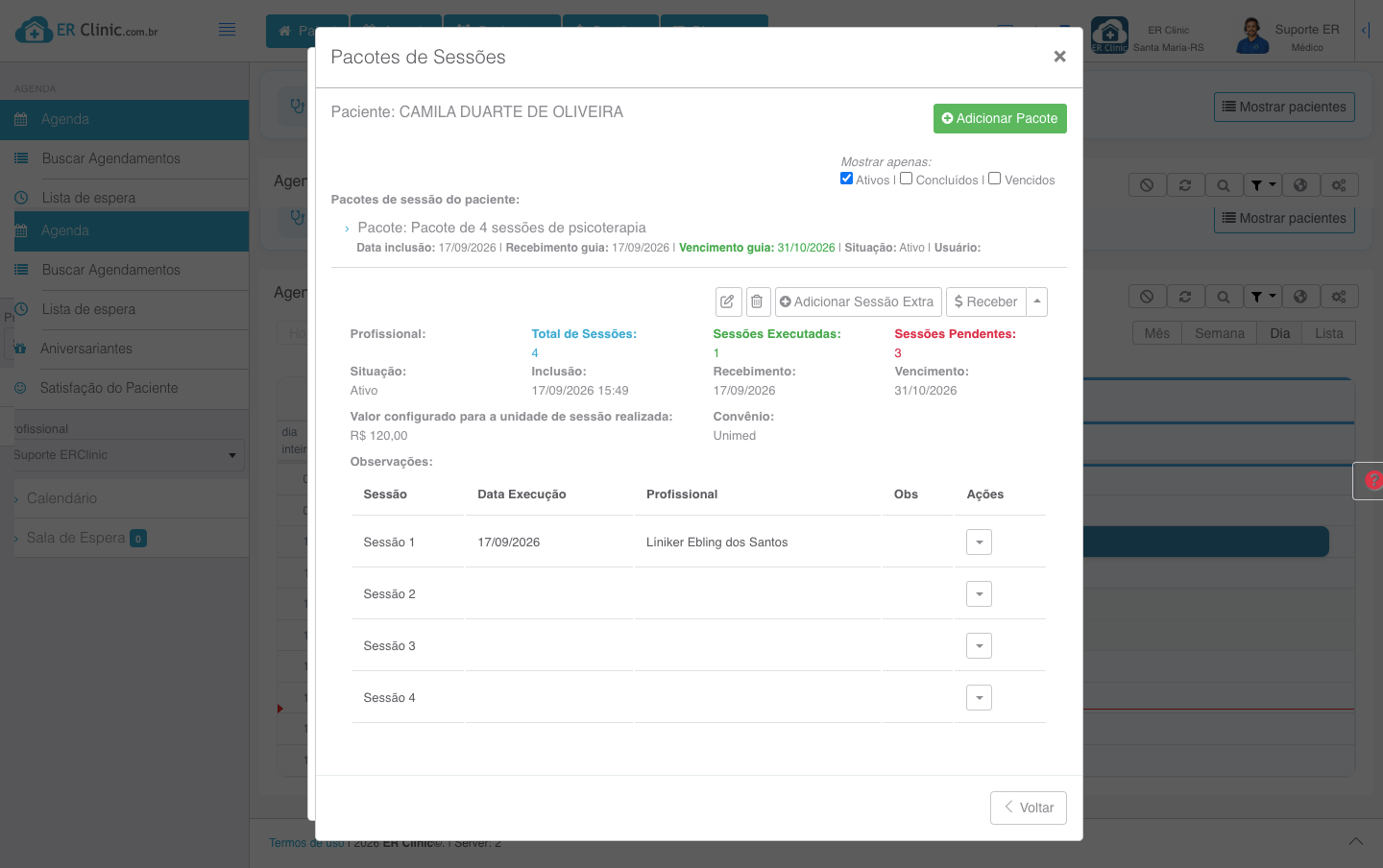 Tela da ERClinic com configuração de pacote de sessões para atendimento multidisciplinar