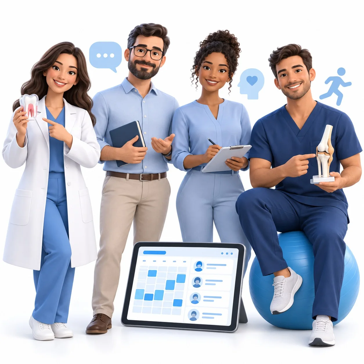 Ilustração de profissionais de odontologia, psicologia, enfermagem e fisioterapia